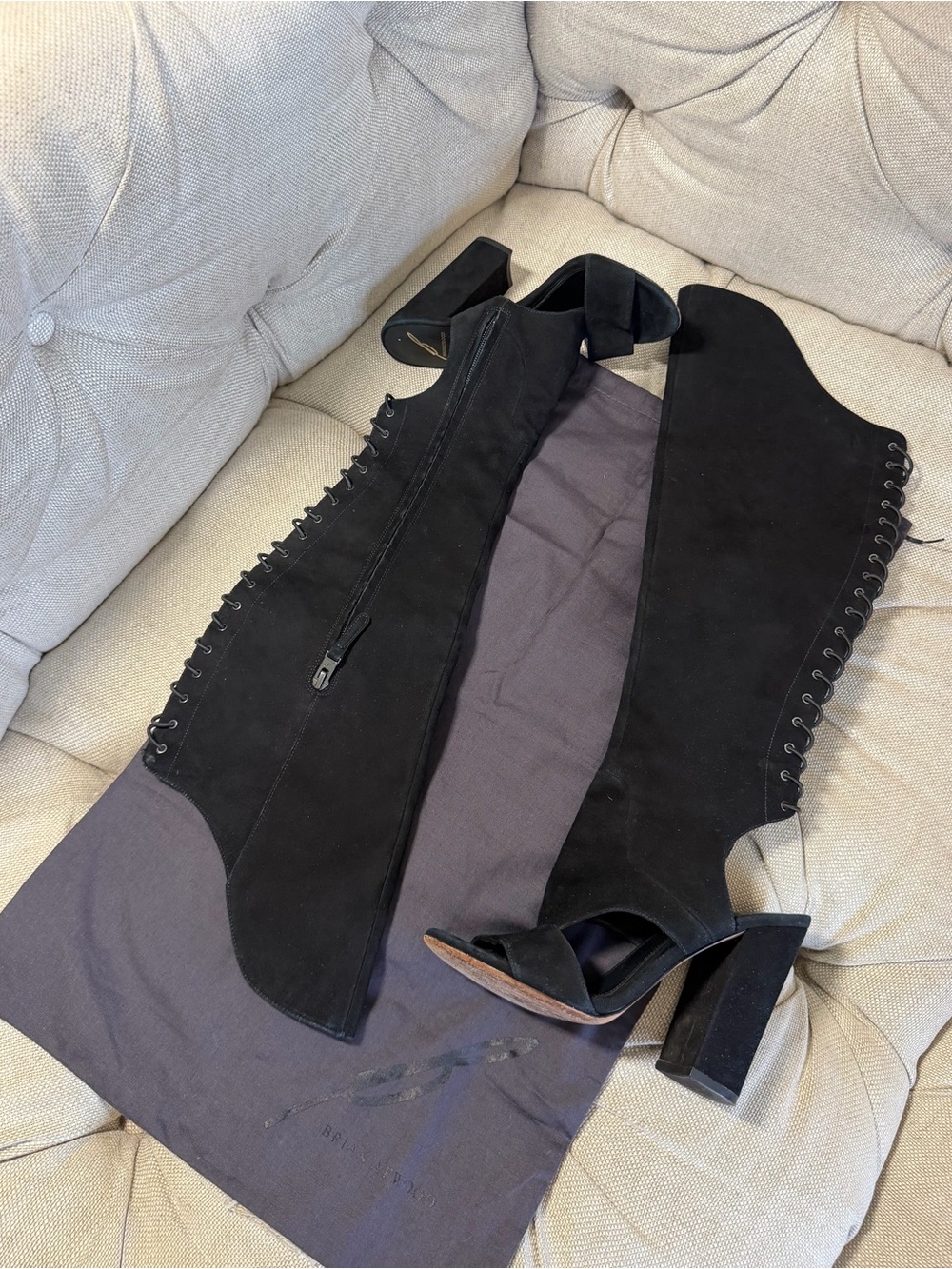 Brian Atwood Black Suede Knee High Stiletto Boots Size 36/6